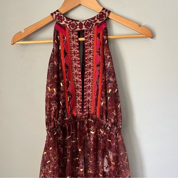 Free People Ria Wine Red & Gold Sleeveless Sheer Embroidered Maxi Top Size XS - Picture 4 of 16